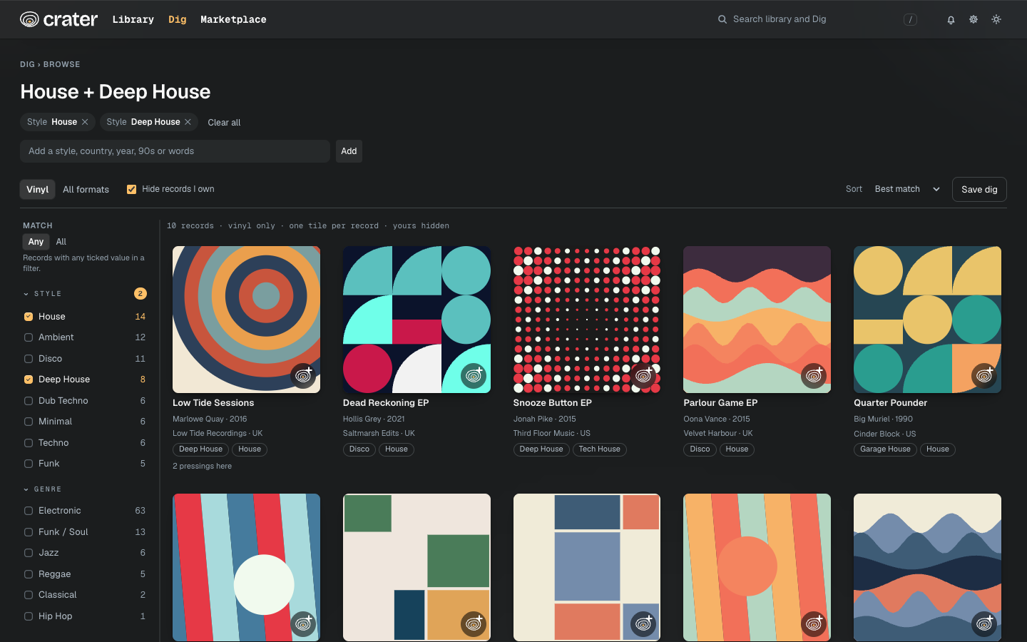 Crater's Dig page: browsing records from the Discogs catalogue by style and decade