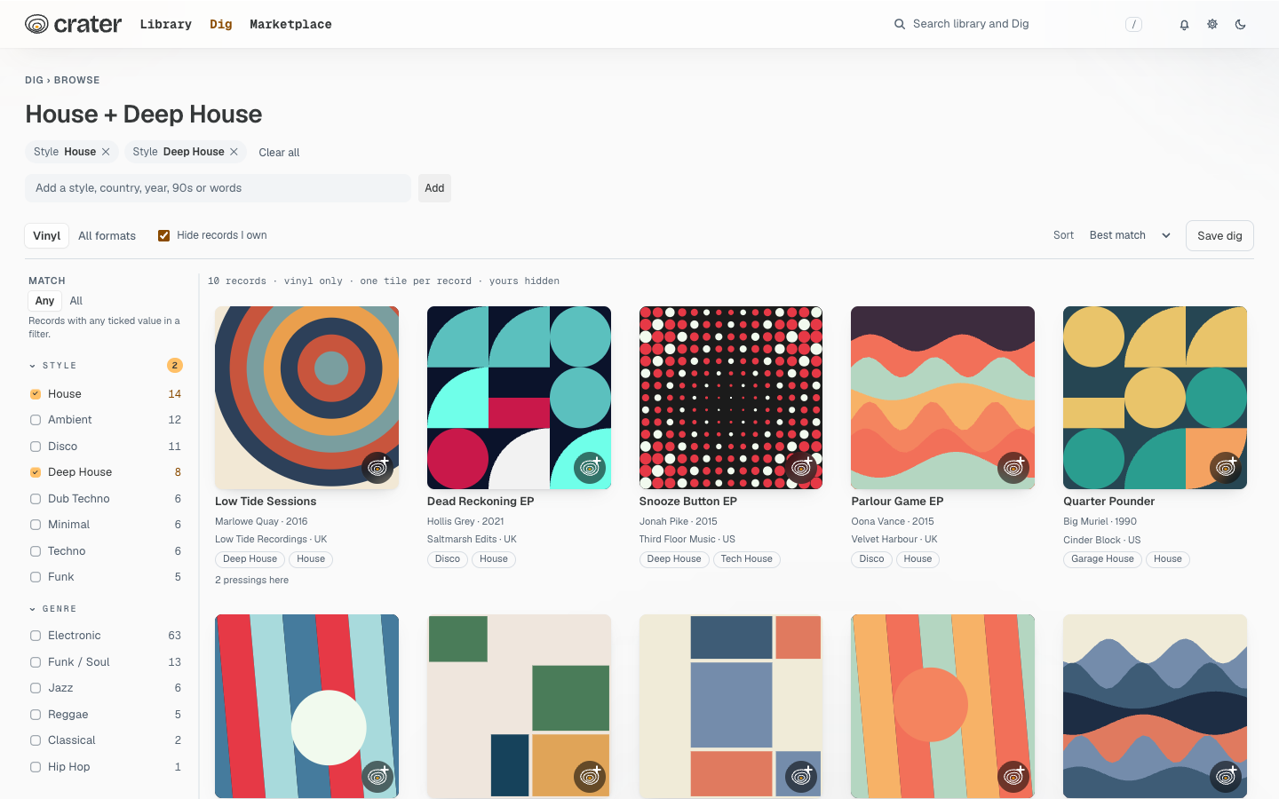 Crater's Dig page: browsing records from the Discogs catalogue by style and decade