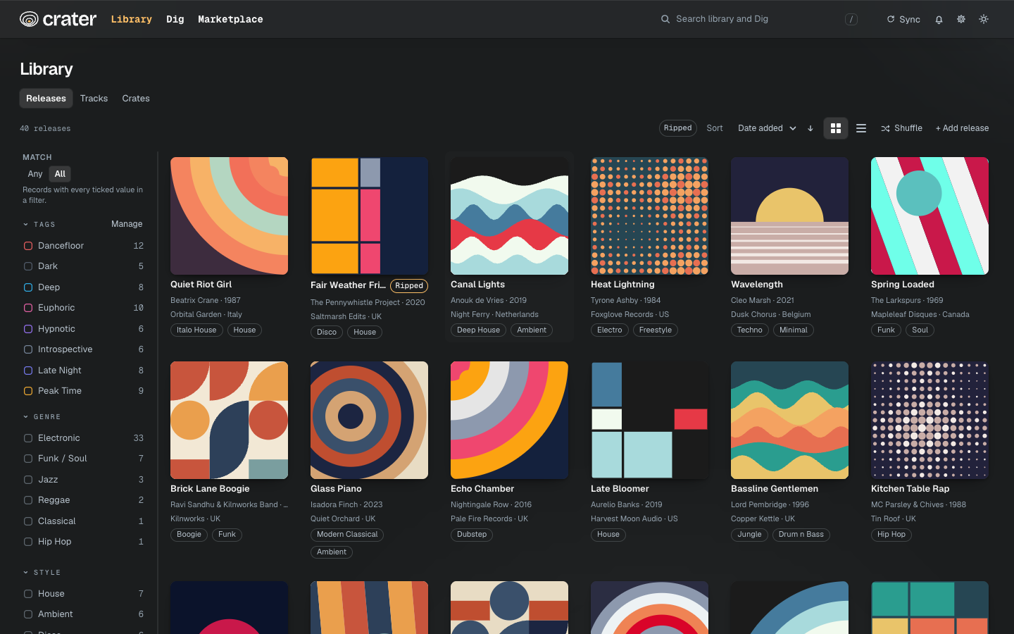 The Crater library: a grid of record covers with filters for tag, genre, style and label