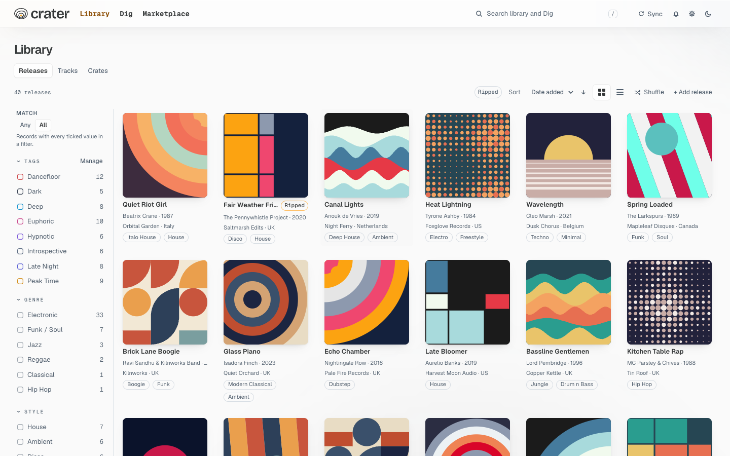 The Crater library: a grid of record covers with filters for tag, genre, style and label
